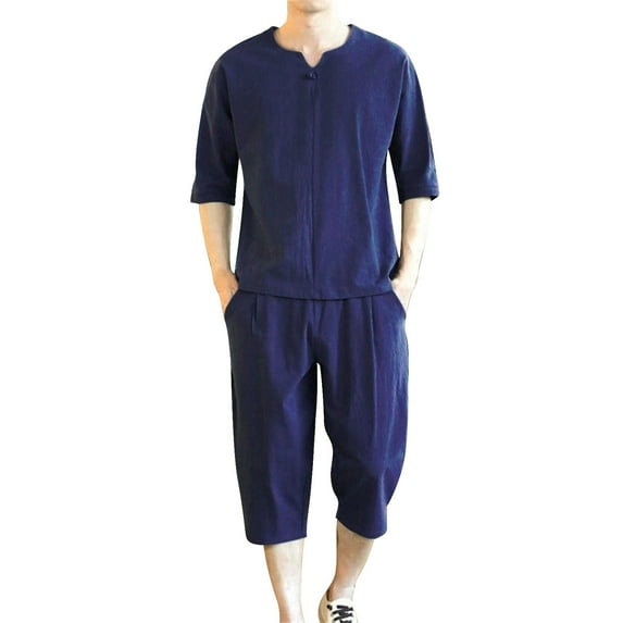 Baqcunre Track Suits For Men Set Men'S Tang Suit Short Sleeved Cane Suit Loose T Shirt Casual Two Piece Men Mens Outfits Tops For Men Navy XL