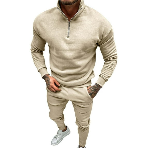 Baqcunre Track Suits For Men Set Men'S Two Piece Set Men'S Long Sleeved Padded Zipper Stand Up Collar Two Piece Set Mens Outfits Tops For Men Beige L