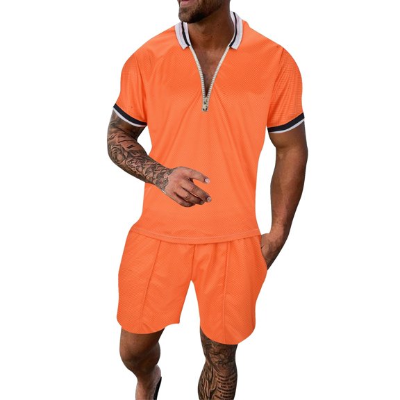 Baqcunre Track Suits For Men Set Men'S Sportswear Print Color Short Sleeve Zip Shirt Shorts Set Summer Casual Streetwear Suits Mens Outfits Tops For Men Orange M