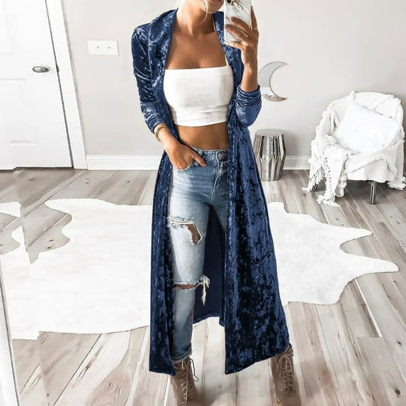 Baqcunre Trench Coats For Women Women Fashion Long Sleeve Velvet Wind Coat Cardigan Jacket Coat Cardigan Sweaters For Women Fall Outfits For Women 2023 Blue L