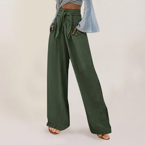Baqcunre Trousers Pants for Women Casual Solid Color Loose Pockets Elastic Belt Waist Pants Long Trousers Womens Fashion Women's Pants Womens Pants Womens Clothes Army Green M