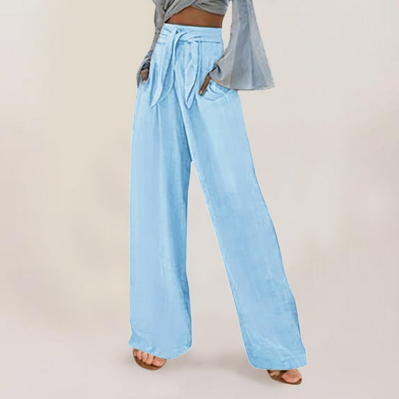 Baqcunre Trousers Pants for Women Casual Solid Color Loose Pockets Elastic Belt Waist Pants Long Trousers Womens Fashion Women's Pants Womens Pants Womens Clothes Blue XXL