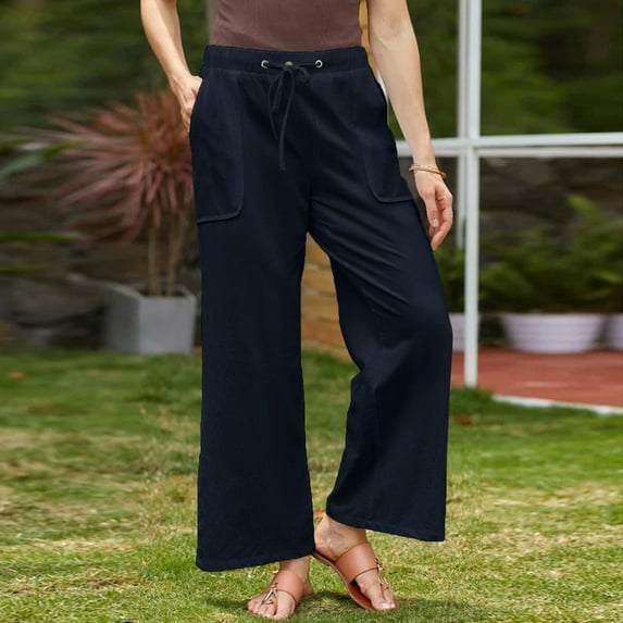 Baqcunre Trousers Pants for Women Casual Solid Color Loose Pockets Elastic Belt Waist Pants Long Trousers Womens Fashion Women's Pants Womens Pants Womens Clothes Navy S