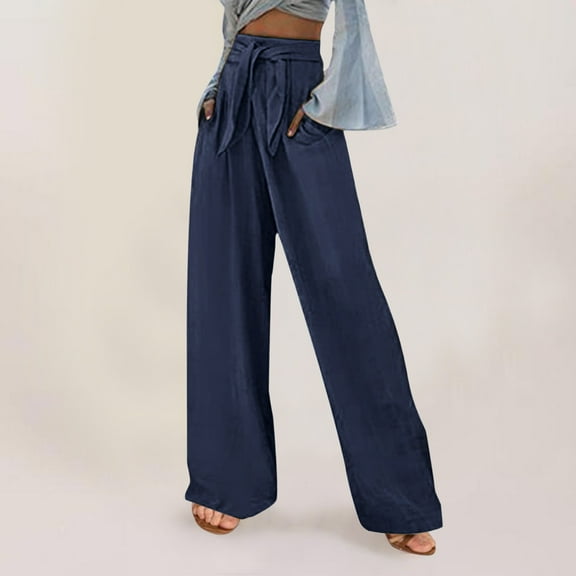 Baqcunre Trousers Pants for Women Casual Solid Color Loose Pockets Elastic Belt Waist Pants Long Trousers Womens Fashion Women's Pants Womens Pants Womens Clothes Navy S