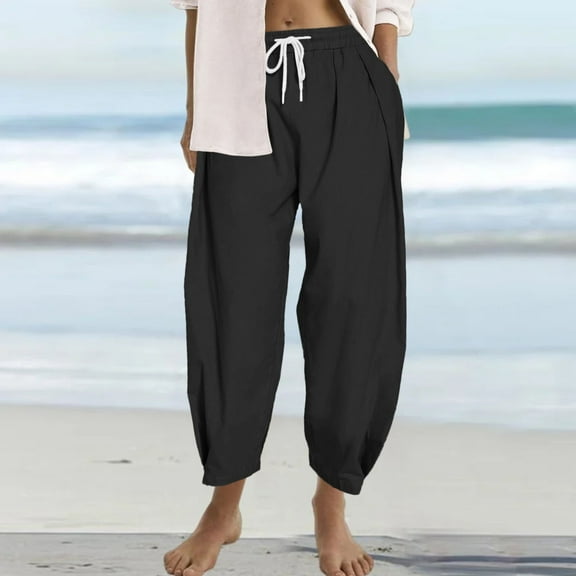 Baqcunre Trousers Pants for Women Casual Solid Color Loose Pockets Elastic Belt Waist Pants Long Trousers Womens Fashion Women's Pants Womens Pants Womens Clothes Black L
