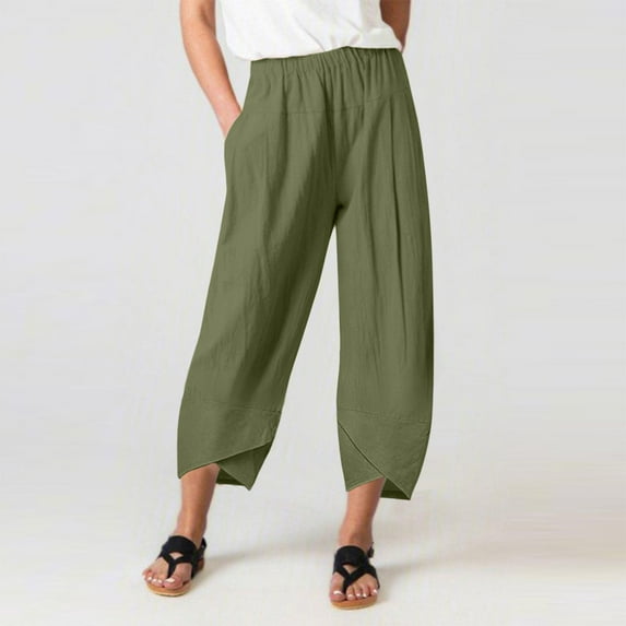 Baqcunre Trousers Pants for Women Daily Casual Eight Length Trousers Pockets Elastic Waist Solid Pants Womens Fashion Women's Pants Womens Pants Womens Clothes Army Green L