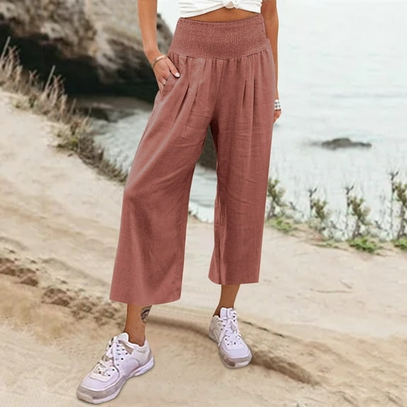 Baqcunre Trousers Pants for Women High Waist Pockets Elastic Waist Solid Loose Pants Casual Long Trousers Womens Fashion Women's Pants Womens Pants Womens Clothes Coffee L