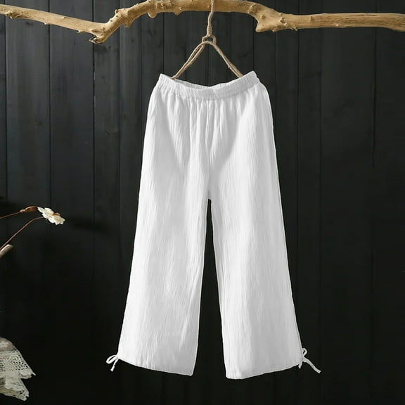 Baqcunre Trousers Pants for Women Mid Waist Pockets Elastic Waist Solid Loose Pants Casual Long Trousers Womens Fashion Women's Pants Womens Pants Womens Clothes White 3XL