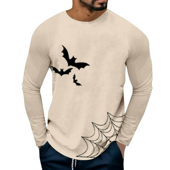 Baqcunre Tshirts Shirts For Men Halloween Men'S Bat Printed Long Sleeve T Shirt Fashion Comfortable Casual Polo Shirts For Men Tops For Men Khaki 3XL