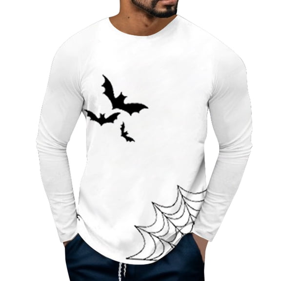 Baqcunre Tshirts Shirts For Men Halloween Men'S Bat Printed Long Sleeve T Shirt Fashion Comfortable Casual Polo Shirts For Men Tops For Men White M