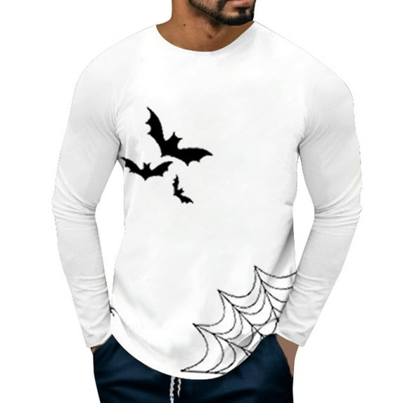 Baqcunre Tshirts Shirts For Men Halloween Men'S Bat Printed Long Sleeve T Shirt Fashion Comfortable Casual Polo Shirts For Men Tops For Men White S