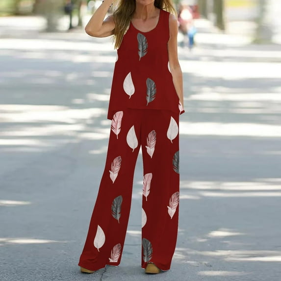 Baqcunre Two Piece Sets for Women 2 Piece Outfits Boho Solid Sleeveless Top+Loose Wide Leg Pants Sets Wide Leg Pants Woman Outfits for Women Womens Fashion Womens Clothes Wine M
