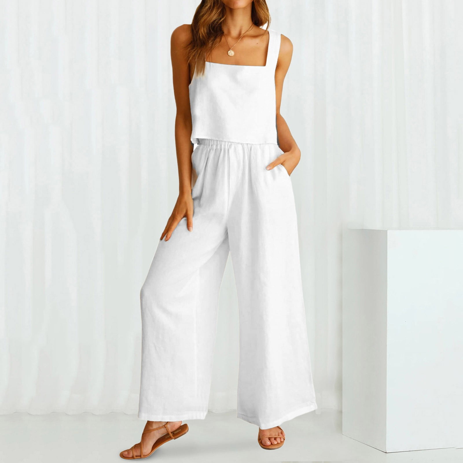 Women’s Cropped Top Two-Piece Set with Wide-Leg Trousers
