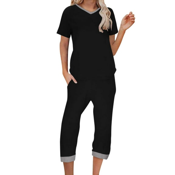 Baqcunre Two Piece Sets for Women Casual Sets 2 Piece Outfits V Neck Shirt Pants Printed Streetwear Home Sets Womens Fashion Outfits for Women Vacation Outfits for Women Womens Clothes Black L