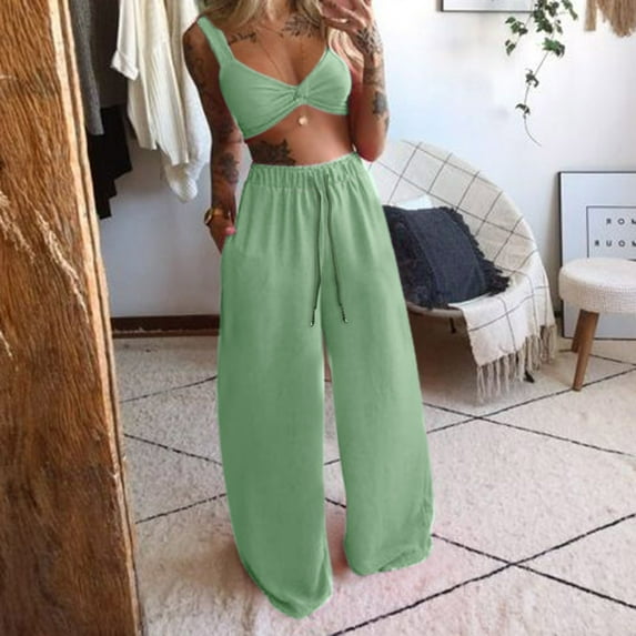 Baqcunre Two Piece Sets for Women,Casual Solid Sleeveless Camis Tops+Long Pants 2 Piece Set,Womens Fashion Outfits for Women Wide Leg Pants Woman Womens Clothes Grey M