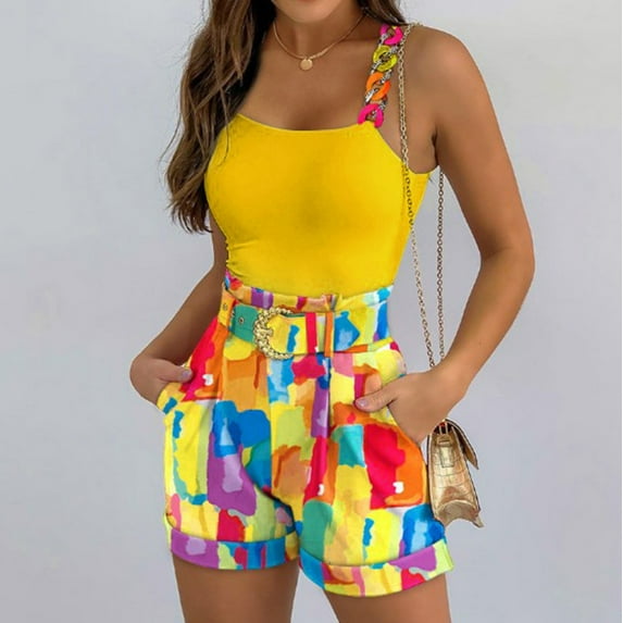 Baqcunre Two Piece Sets for Women Floral Print Sleeveless Basic Tank Top & Shorts Set for Woman with Belt Womens Fashion Outfits for Women Vacation Outfits for Women Womens Clothes Yellow S