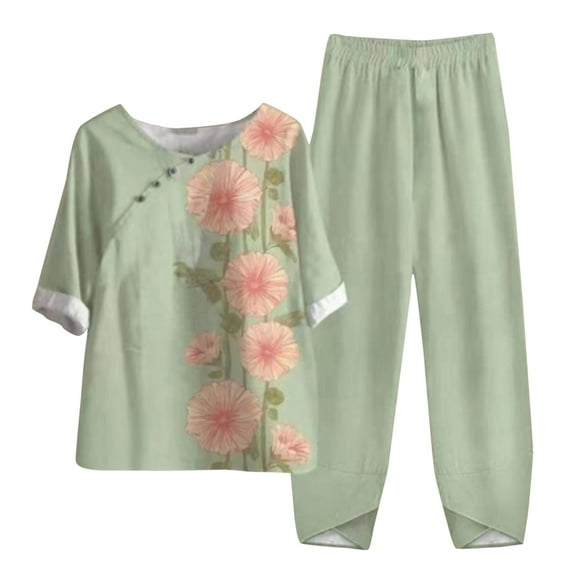 Baqcunre Two Piece Sets for Women,Flower Prints Linen Button Mid Sleeve Shirt High Waist Loose Pocket Pant and Top Set,Womens Fashion Outfits for Women Pants for Women Womens Clothes Black M