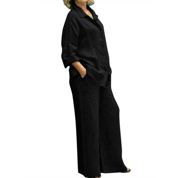 Baqcunre Two Piece Sets for Women,Solid Color Shirt Button Casual Polyester and Cotton Pants Set,Womens Fashion Outfits for Women Pants for Women Womens Clothes Orange L