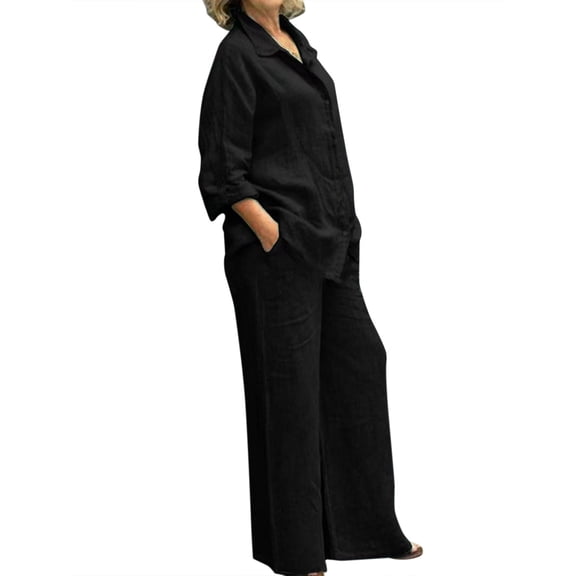 Baqcunre Two Piece Sets for Women,Solid Color Shirt Button Casual Polyester and Cotton Pants Set,Womens Fashion Outfits for Women Pants for Women Womens Clothes Orange 3XL