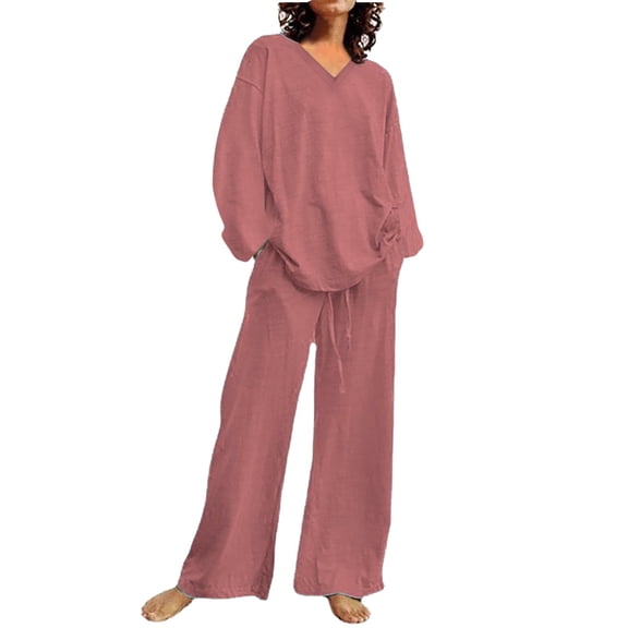 Baqcunre Two Piece Sets for Women,Solid Colour V Neck Casual Linen and Cotton Trousers Set,Womens Fashion Outfits for Women Pants for Women Womens Clothes Grey XL