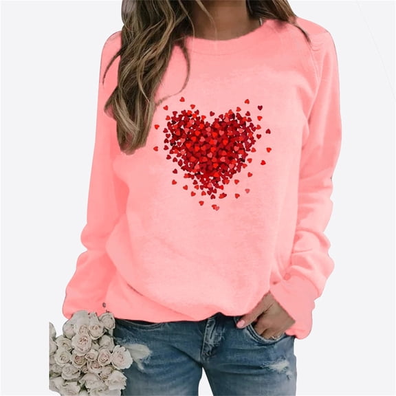 Baqcunre Valentine'S Day Shirts For Women 2024 Sweatshirt Cute Heart Shaped Printed Pullover Crewneck Shirt(Pink S-4XL),Long Sleeve Shirts For Women Graphic Tees Womens Fashion Womens Tops