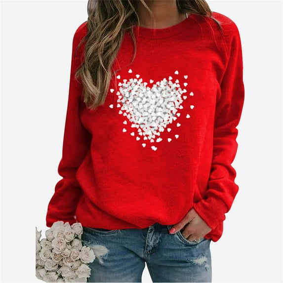 Baqcunre Valentine'S Day Shirts For Women 2024 Sweatshirt Cute Heart Shaped Printed Pullover Crewneck Shirt(Red S-4XL),Long Sleeve Shirts For Women Graphic Tees Womens Fashion Womens Tops
