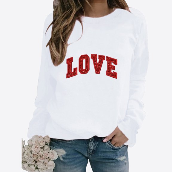 Baqcunre Valentine'S Day Shirts For Women 2024 Sweatshirt Cute Heart Shaped Printed Pullover Crewneck Shirt(White S-4XL),Long Sleeve Shirts For Women Graphic Tees Womens Fashion Womens Tops