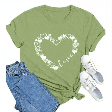 Baqcunre Valentine'S Day Shirts For Women Funny Print T Shirt Printed Crew Neck Shirt Women's Pullover T Shirt(Army Green S-3XL),Womens Tops Graphic Tees For Women Shirts For Women Womens Tops
