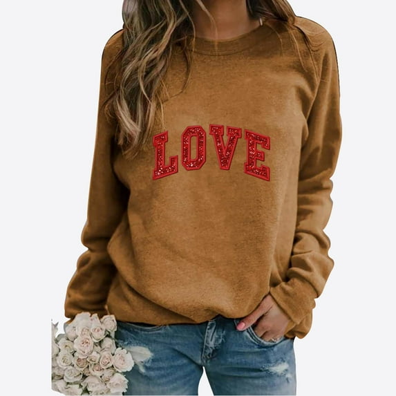 Baqcunre Valentine'S Day Shirts For Women 2024 Sweatshirt Cute Heart Shaped Printed Pullover Crewneck Shirt(Gold S-4XL),Long Sleeve Shirts For Women Graphic Tees Womens Fashion Womens Tops