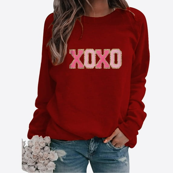 Baqcunre Valentine'S Day Shirts For Women 2024 Sweatshirt Cute Heart Shaped Printed Pullover Crewneck Shirt(Wine S-4XL),Long Sleeve Shirts For Women Graphic Tees Womens Fashion Womens Tops