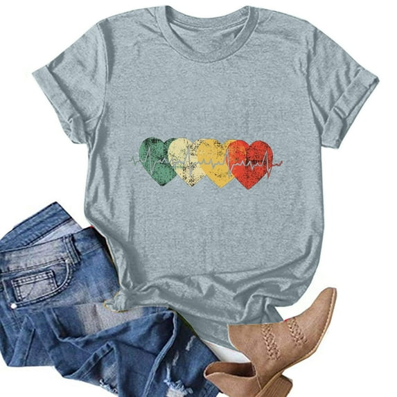 Baqcunre Valentine'S Day Shirts For Women Fashion Short Sleeve Printed Round Neck Short Sleeve T Shirt Top(Grey S-XXL),Womens Tops Graphic Tees For Women Shirts For Women Womens Clothes