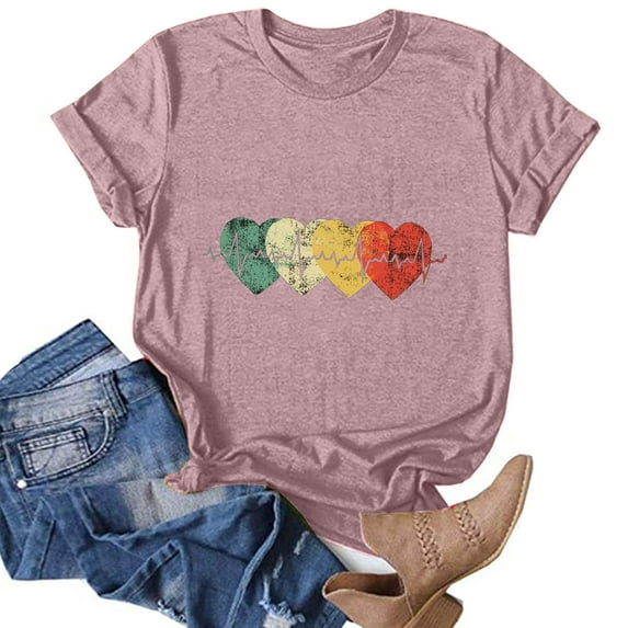 Baqcunre Valentine'S Day Shirts For Women Fashion Short Sleeve Printed Round Neck Short Sleeve T Shirt Top(Pink S-XXL),Womens Tops Graphic Tees For Women Shirts For Women Womens Clothes