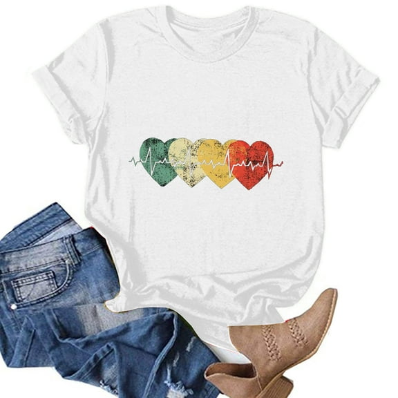 Baqcunre Valentine'S Day Shirts For Women Fashion Short Sleeve Printed Round Neck Short Sleeve T Shirt Top(White S-XXL),Womens Tops Graphic Tees For Women Shirts For Women Womens Clothes