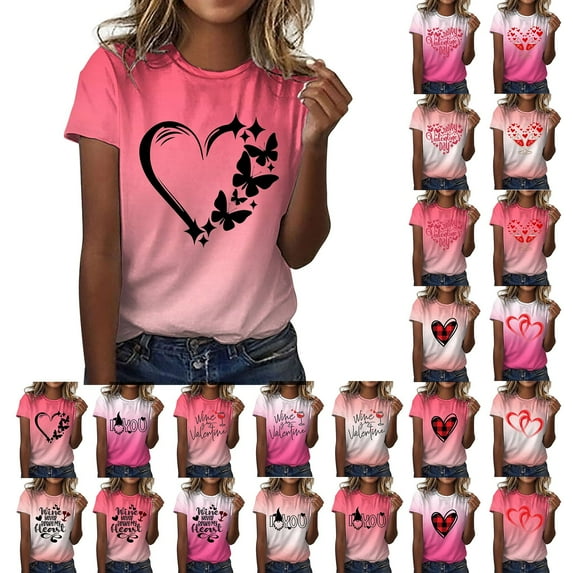Baqcunre Valentine'S Day Shirts For Women Fashion Shorts Sleeve T Shirt Top Casual Print T Shirt Top(Multi-color S-XXL),Womens Tops Graphic Tees For Women Shirts For Women Womens Tops