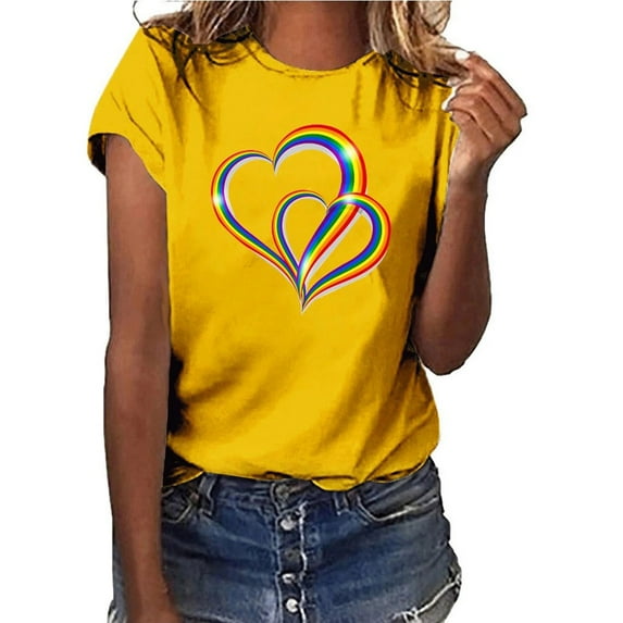 Baqcunre Valentine'S Day Shirts For Women Fashion Women Colorful Love Print Short Sleeve O-Neck T-Shirt Blouse Tops(Yellow S-4XL),Womens Tops Graphic Tees For Women Shirts For Women Womens Tops