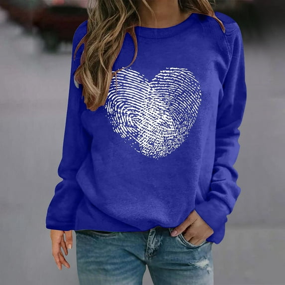 Baqcunre Valentine'S Day Shirts For Women Fingerprint Heart Print Round Neck Long Sleeve Top(Blue S-3XL),Long Sleeve Shirts For Women Graphic Tees For Women Holiday Tops For Women 2023 Womens Tops