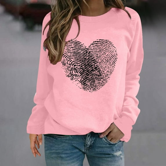 Baqcunre Valentine'S Day Shirts For Women Fingerprint Heart Print Round Neck Long Sleeve Top(Pink S-3XL),Long Sleeve Shirts For Women Graphic Tees For Women Holiday Tops For Women 2023 Womens Tops