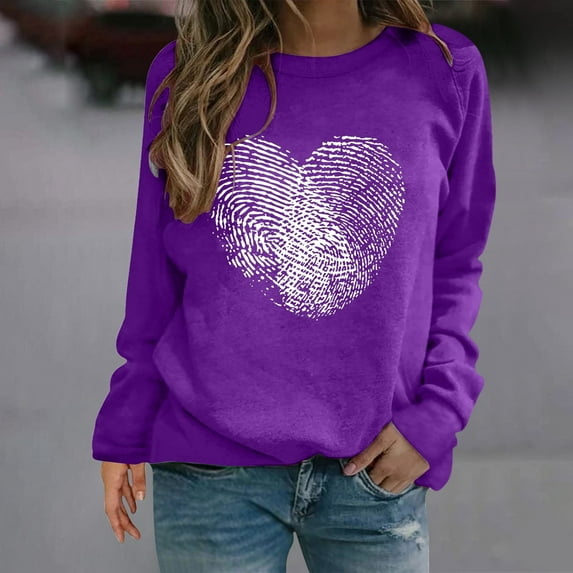 Baqcunre Valentine'S Day Shirts For Women Fingerprint Heart Print Round Neck Long Sleeve Top(Purple S-3XL),Long Sleeve Shirts For Women Graphic Tees For Women Holiday Tops For Women 2023 Womens Tops