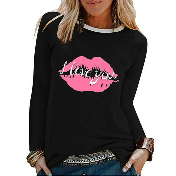 Baqcunre Valentine'S Day Shirts For Women Ladies Crewneck Top Big Lips Print Pullover T Shirt(Black S-XXL),Long Sleeve Shirts For Women Graphic Tees Holiday Tops For Women 2023 Womens Tops