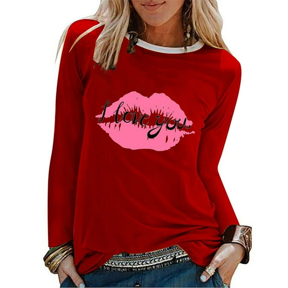 Baqcunre Valentine'S Day Shirts For Women Ladies Long Sleeve Crewneck Top Big Lips Print Pullover T Shirt(Red S-XXL),Long Sleeve Shirts For Women Graphic Tees Holiday Tops For Women 2023 Womens Tops
