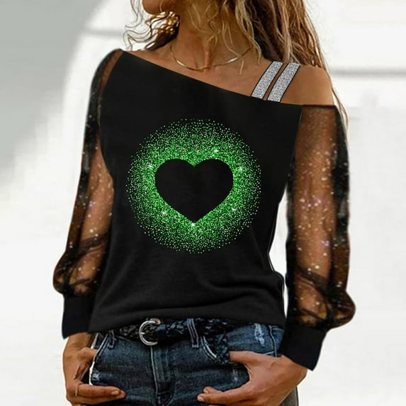 Baqcunre Valentine'S Day Shirts For Women Love Fine Glitter Printed Mesh Long Sleeved Patchwork Top(Green S-XXL),Long Sleeve Shirts For Women Graphic Tees Holiday Tops For Women 2023 Womens Tops