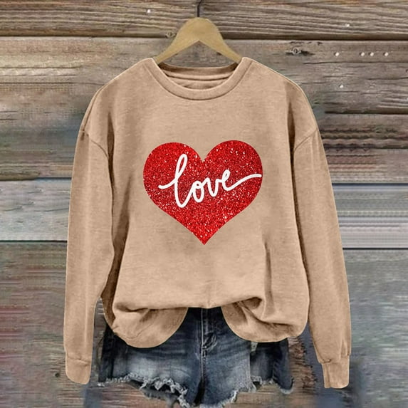 Baqcunre Valentine'S Day Shirts For Women Love Women's Love Printed Round Neck Long Sleeve Top(Khaki S-XXL),Long Sleeve Shirts For Women Graphic Tees Holiday Tops For Women 2023 Womens Tops