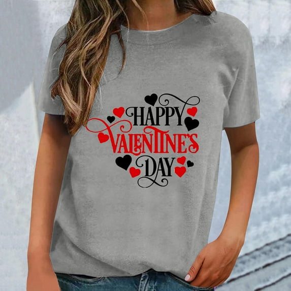 Baqcunre Valentine's Day Shirts for Women Classic Version of Cotton Short Sleeve Crewneck Loose Printed T Shirt (Grey S-2XL), Womens Tops Graphic Tees for Women Shirts for Women, Womens Clothes
