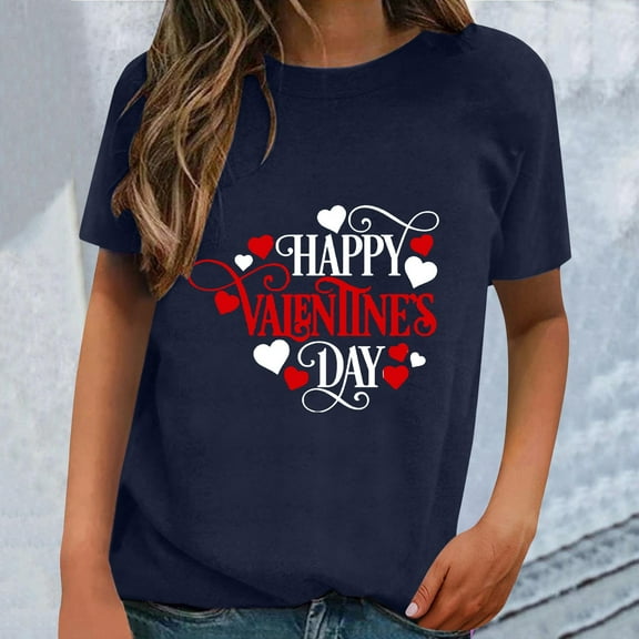 Baqcunre Valentine's Day Shirts for Women Classic Version of Cotton Short Sleeve Crewneck Loose Printed T Shirt (Navy S-2XL), Womens Tops Graphic Tees for Women Shirts for Women, Womens Clothes