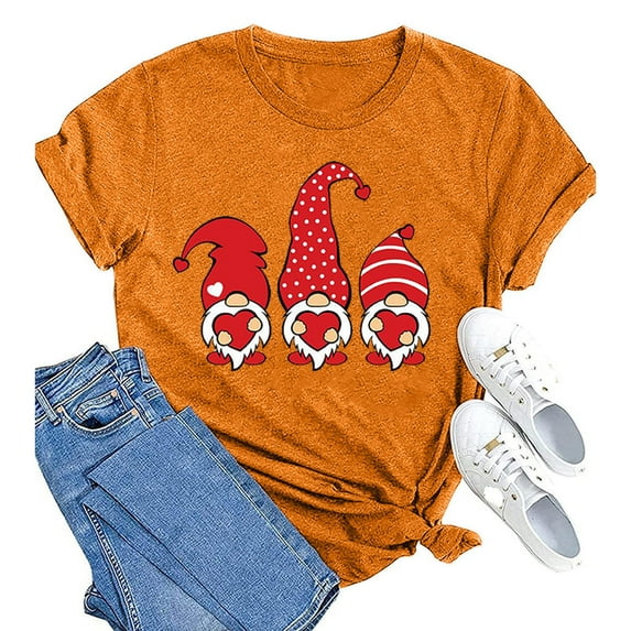 Baqcunre Valentine's Day Shirts for Women Gnome Print Round Neck Short Sleeve T Shirt Top (Orange S-3XL), Womens Tops Graphic Tees for Women Shirts for Women, Womens Tops