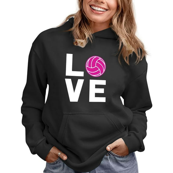 Baqcunre Valentine's Day Shirts for Women LOVE Volleyball Hoodie with Pockets for Teen Girls Female Fans Sweatshirt (Black S-XXL), Long Sleeve Shirts for Women Graphic Tees Womens Fashion Womens Tops