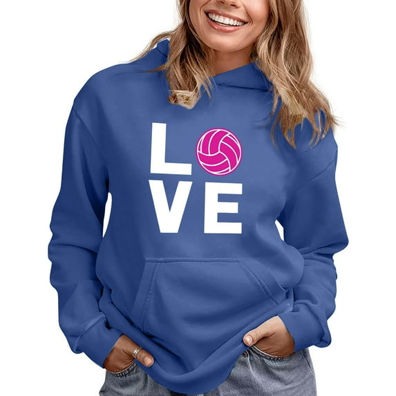 Baqcunre Valentine's Day Shirts for Women LOVE Volleyball Hoodie with Pockets for Teen Girls Female Fans Sweatshirt (Blue S-XXL), Long Sleeve Shirts for Women Graphic Tees Womens Fashion Womens Tops