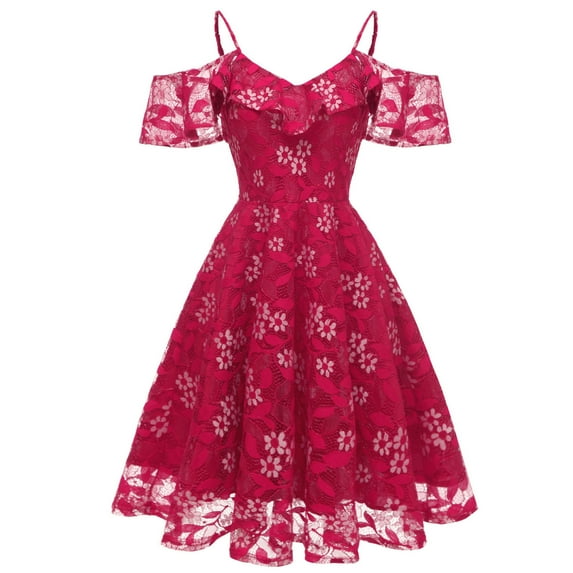 Baqcunre Vintage Princess Floral Lace Cocktail Neckline Party Aline Swing Dress Midi Dress Lace Dress Party Dress Women Clothing Womens Dresses,Color Red,Size M