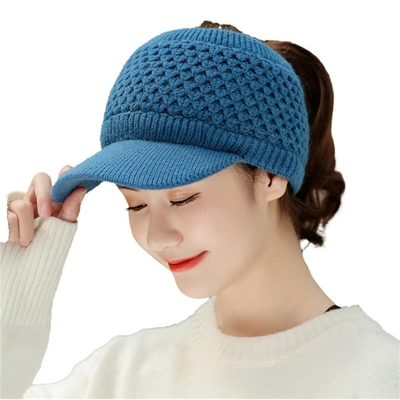 Baqcunre Visors for Women, Womens Winter Beanie Hat Warm Knitted Wool Hats with Visor Stretchy Keep Warm Solid Color Autumn Winter Women Sports Cap for Outdoor, Hats for Women 1PC Hat Blue One Size