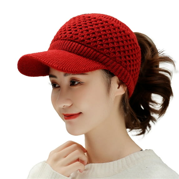 Baqcunre Visors for Women, Womens Winter Beanie Hat Warm Knitted Wool Hats with Visor Stretchy Keep Warm Solid Color Autumn Winter Women Sports Cap for Outdoor, Hats for Women 1PC Hat Red One Size